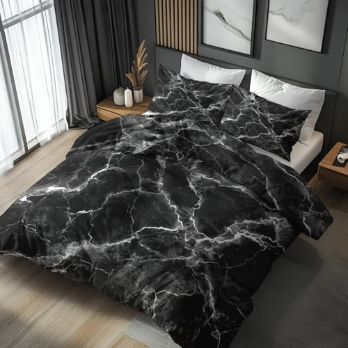 Generisch Bettwäsche 135x200 Schwarz Weiß Marmor Design, 2teilig - Modern Abstrakt Bettbezug und 1 Kissenbezug 80x80, Wendebettwäsche, Schlafzimmer Deko, Mikrofaser, mit Reißverschluss (L-46P)