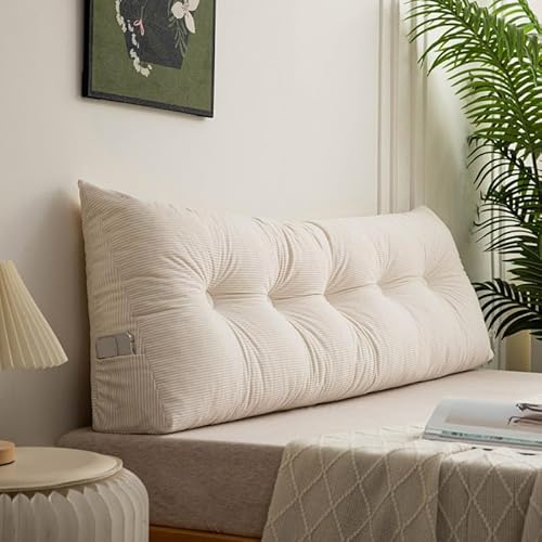Generisch Rückenkissen Bett 180 cm Cord, Leseknochen Erwachsene Waschbar, Kopfteil Keilkissen Für Sofa, Mit Abnehmbarem Bezug Und Seitenfach, Dreieckiges Wandkissen Lendenkissen,Weiß,40x120cm
