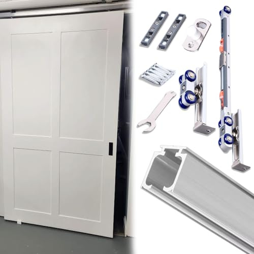 Vibeo Schiebetürbeschlag Taschenschiebetürschiene mit Soft-Close-Funktion, Schranktürschienenset zur Deckenmontage, Aluminium-Schienensystem für 2 cm Dicke Schranktüren(Silver,77in/195cm)