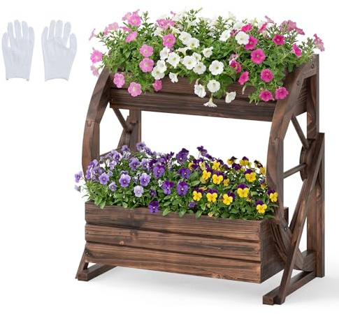 COSTWAY Blumenkasten mit Wagenrad, Hochbeet Holz, Pflanzkübel mit 2 Etagen & Ablauflöchern & Halbrädern, Blumenbeet Gartenbeet, rustikal, Deko für Terrasse Balkon Garten, Braun (56 x 33 x 56,5 cm)