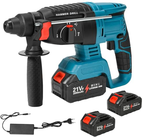 Marteau Perforateur Sans Fil, 18V Perforateur Sans Fil,4800BPM, 1000RPM, énergie de frappe 1J, 27 mm Marteau Piqueur pour Béton (2 batterie)