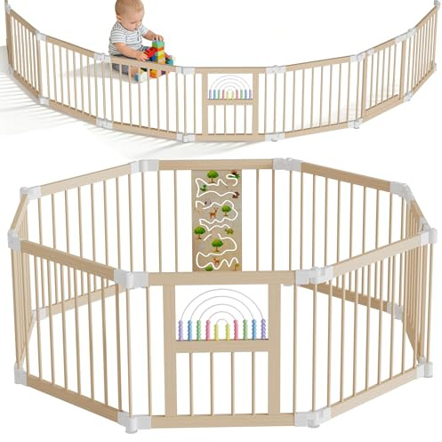 YRHome Baby Laufgitter Klappbar inkl. Tür Faltbarer Laufstall Baby Holz ohne Spielmatte Verformbar Absperrgitter für Kinder Krabbelgitter Individuell Formbar mit Spielcenter(Abakus-Spiel & Tiermuster)