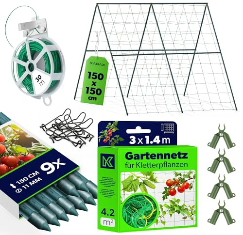 KADAX Gurkor, växthjälpsset – 9 x växtstav 150 cm, ranknät 1,8 x 5 m, 4 x växtstavsanslutningar, 30 m trädgårdstråd – gurkgaller, spaljé