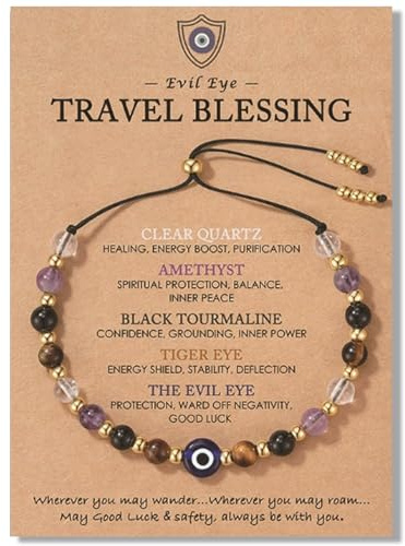 AIKOBAA Evil Eye Bracelet, Protection Bracelet for Women & Men, Healing Crystal Bracelet with Adjustable Stone, Spiritual Gifts for Women, Crystal Bracelet with Meaning Card