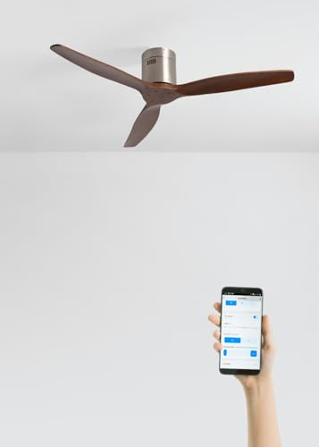 CREATE / WINDCALM NATURAL WOOD M/Ventilador de techo níquel aspas madera nogal con Wifi y mando / 40W, Temporizador, Ø132 cm, 6 velocidades, silencioso, función verano-invierno
