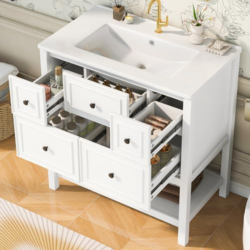 76 x 46,5 x 82 cm. Lavabo de pie completamente lacado, 5 cajones + estantes abiertos, lavabo de cerámica integrado, rieles de cajón silenciosos, color blanco.