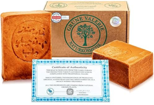 Grüne Valerie® Set de jabón original de Alepo 2 x 200g (400g) con 40%/60% de aceite de laurel/aceite de oliva, valor PH 8 Detox, hecho a mano, 6 años de maduración