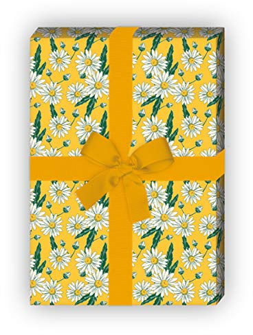 Vintage Blumen Geschenkpapier mit Margeriten Gänseblümchen, gelb, für schöne Geschenk Verpackung zum Einpacken 32 x 48cm, 4 Bögen für Geburtstage, Hochzeit, Weihnachtsgeschenke, Dekorpapier