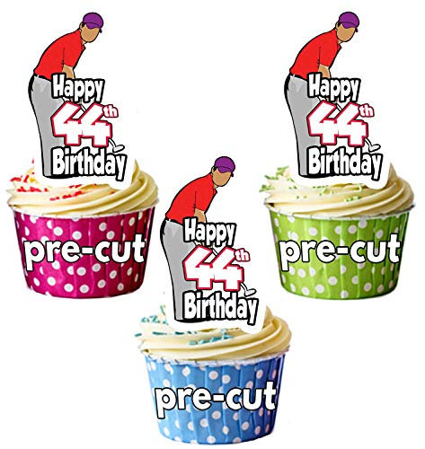 AK Giftshop PRECUT Golf - Golfer - 44th Birthday - Edible Cupcake Toppers/Cake Decorations (Pack of 12)