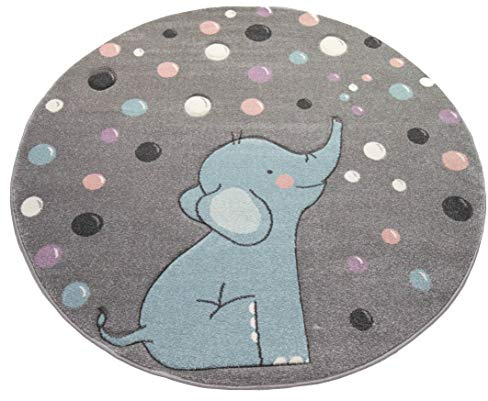 CARPETIA Teppich Kinderzimmer Elefant Punkte Seifenblasen grau blau Größe 120 cm Rund
