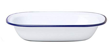 Dunlevy Enamel Pie Dish with Porcelain Coating, Oblong Roasting Tray for Baking, Oven Safe to 270°C, Dishwasher Safe, Freezer Safe, White with Blue Rim, 32 cm