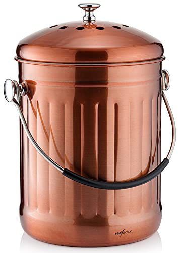 RED FACTOR Premium Compost Bin for Kitchen Worktop - Stainless Steel Food Waste Caddy with Innovative Dual Filter Technology - Includes Replacement Filters (Matt Copper, 5L)