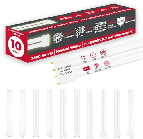 GoodBulb PLL55/835 55W 21.2 Twin Tube Compact Fluorescent Light Bulb 4-pin 2G11 Base 3500K Neutral White 3900 Lumen 36000 Hour Long Life Biax Pack of 10