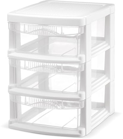 Tribello Kunststoff-Aufbewahrungseinheit mit 3 Schubladen, weißer Rahmen mit transparenten Schubladen für Bastelaufbewahrung, 21,6 cm L x 18,3 cm B x 17,5 cm H, hergestellt in Amerika (1 Stück)