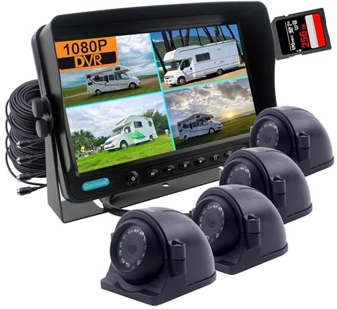 CAMSLEAD 7 inch digital monitor 1080P HD Rear View Camera System, HD DVR Recorder, 4 Channel Input, Quad Split Screen, 4X 1080P Heavy Duty Waterproof Backup Side View Camera for RV Trailer