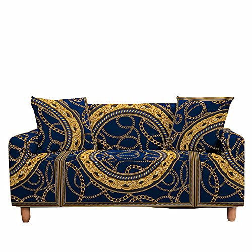 Fansushop Universal Sofabezug Stretch Antirutsch Edler Retro-Style Bedruckte Sofabezug mit Armlehnen, L Form Sofabezug/Couchbezug/Sesselbezug für Wohnzimmer Wohnkultur (Goldene Kette,4 Sitzer)