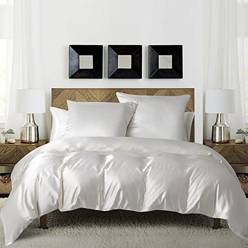 Luofanfei Parure de lit 140x200 4 Pieces Blanche Unie Satin Sets de Housse de Couette 2 Personnes Adulte Ensemble Literie Modern Uni Linge de Lit avec Fermeture éclair et 2X 65x65cm Taies d'oreiller