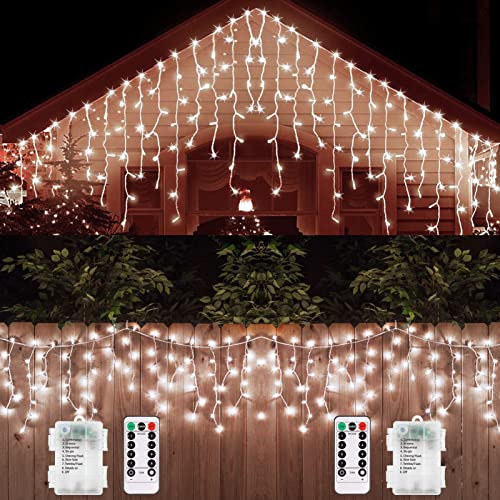 [2 paquetes] Luces LED de carámbano de Navidad que funcionan con pilas para exteriores 8pies 102 LED control remoto 8 modos luces de cadena de carámbano para jardín patio boda de Navidad (blanco frío)