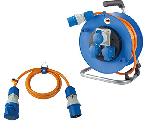 as - Schwabe Camping Set - Kabeltrommel 25 m + Verlängerungsleitung 1,5m | mit CEE- und 2 x Schutzkontaktsteckdose - CEE-Verlängerungsleitung 1,5 m - mit Spannungsanzeige - Outdoor Kabeltrommel, 19704