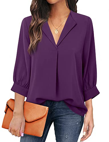 Unixseque Blusa de Gasa Informal con Cuello en V y Manga 3/4 para Mujer, Violeta Deep, M