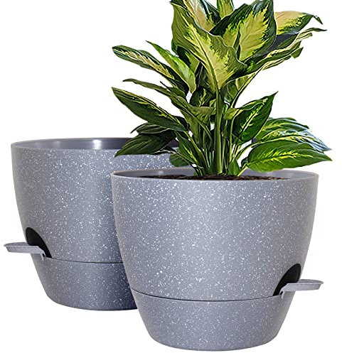 10 inch Self Watering Planters, 2 Pack Large Plastic Plant Pots with Deep Reservior and High Drainage Holes for Indoor Outdoor Plants and Flowers, Speckled Grey