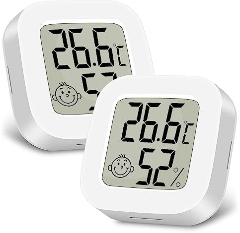 Ainiv 2PCS Digital Hygrometer Indoor Thermometer, Mini Room Thermometer with LCD Display and Face Lcons, Humidity Gauge with Temperature Humidity Monitor for Bedroom, Baby Room, Warehouse, Cellar, Car