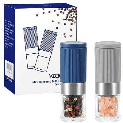 Vzaahu Mini Juego de 2 Molinillos de Sal y Pimienta,con Núcleo de Cerámica de Canela,Rugosidad Ajustable,Color Gris y Azul,para Viajar
