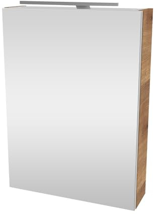 FACKELMANN Milano Spiegelschrank mit LED-Beleuchtung – Alibertschrank für Bad und Gäste-WC (50 x 68 x 15,3 cm) – SBC Badschrank mit Spiegel in Holz Braun – Tür rechts