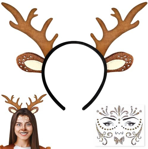 Atuoxing Karneval Kostüm Damen Mädchen, Haarreif Reh Geweih Hörner Rehohren + Reh Gesichtstattoo für Fasching Mottoparty Cosplay Halloween