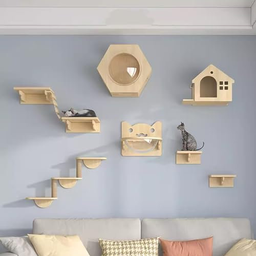 DYUNCZ Modern Wall-Mounted Cat Furniture, Cat Climbing Wall, Cat Wall Shelves, Cat Climber with Cat House, Modern Cat Furniture for Large Cats or Kitty (Color : 9-piece set)