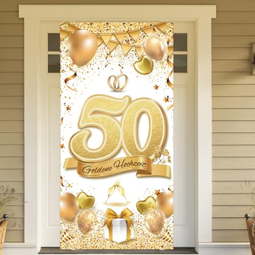 SUNYOK 1 Stück Dekoration für Goldene Hochzeit, 50 Jahre, zum Aufhängen, goldfarben, Party-Banner, für Haus, Garten, Dekoration, Willkommensschild, für den Innen- und Außenbereich (180 x 90 cm)