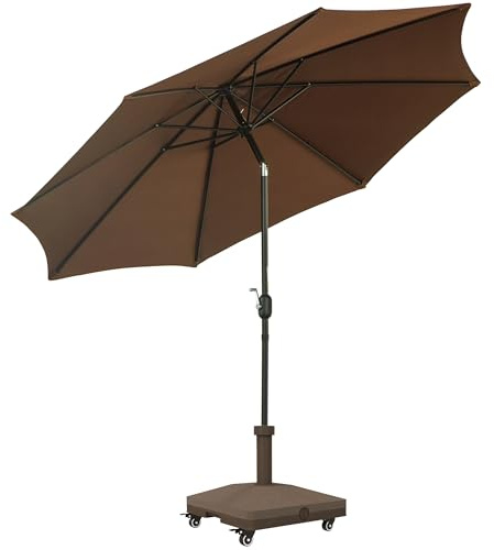 Outsunny Parasol de Jardin Rond Ø 3 m avec Pied et Base de Lestage Carré 4 Roulettes en HDPE - Manivelle Inclinable - Chocolat et Marron