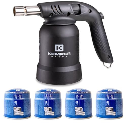 Cannello professionale per saldatura a gas Uso a 360° Accensione piezoelettrica 4 cartucce di gas perforabili EDIZIONE NERA KEMPER