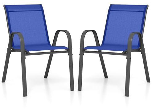 GOPLUS 2er Set Gartenstühle stapelbar, Bistrostuhl Balkonstuhl aus Textilene bis 150kg, Stapelstuhl mit Rückenlehne und Armlehn, Essstuhl Outdoor für Garten Terrassen Balkon Pool (Blau)