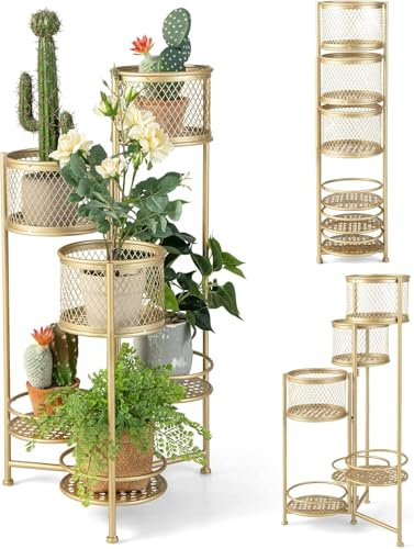 FANTASK Goldener drehbarer Pflanzenständer Metall 6 Etagen, Blumentreppe für Topfpflanzen, Blumentopfhalter in Leiterform, Golden