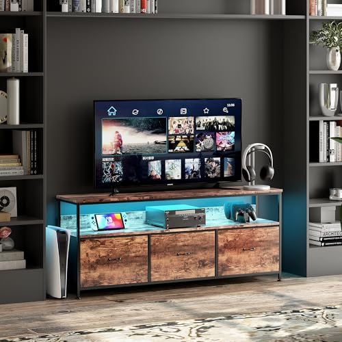 BPKADHY Meuble TV LED avec 3 Tiroirs, 137x30x57cm Banc TV Rétro Buffet Salon Commode Salon Armoire de Rangement Casier de Rangement Placard Rangement (Tiroir Couleur Peau de Tigre, 137cm-B)