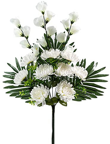 RASTKY Künstlicher Chrysanthemen-Zweig für Gedenkstätten und Grabfegen, Premium-Seidenstrauß mit 12 Blumen, 60 cm hoher Kunststoff und Eisendrahtstiel, Weiß