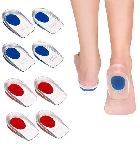 AQTAQ 4 Pairs of Silicone Heel Cups, Gel Pads, Silicone Orthopedic Gel Pads, Plantar Fasciitis Insole, Heel Pain Relief, Achilles Tendon Pain, Medical Grade (Big Blue & Little Red)
