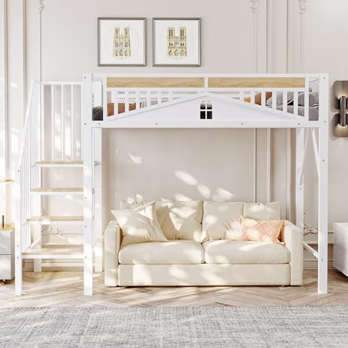Metallbett Etagenbett 90x200, Kinderbett Metall-Hochbett mit Treppe und Aufbewahrungsschrank, Funktionsbett Einzelbett Stockbett Spielbett Kinderhochbett Jugendbett mit Lattenrost, Ohne Matratze,Weiß