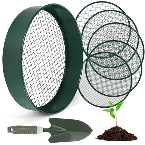 Zoelele Tamis de Sol pour Le Jardinage, Tamis de Sol en Acier Inoxydable de 12 Pouces avec 5 écrans Fins Remplaçables, Gants et Pelle, Tamis pour Sable, 3mm, 5mm, 8mm, 10mm, 12mm (Vert)