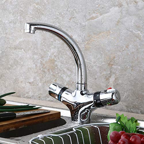 Robinet mitigeur d'évier de cuisine en laiton – Robinet thermostatique pour lavabo et évier Anti-brûlure Sécurité Idéal pour le lavage des légumes Robinet mitigeur de cuisine durable
