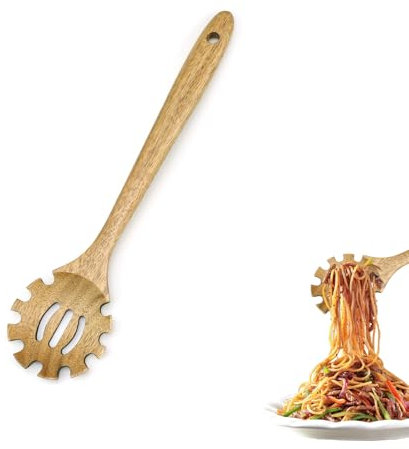 PHMING Cuchara para Espaguetis, 33 cm de Madera Servidor de Espaguetis, Servidor de Pasta con Dientes, Pinzas de Pasta con Agujeros para Colgar, para Pasta, Empanadillas, Carne