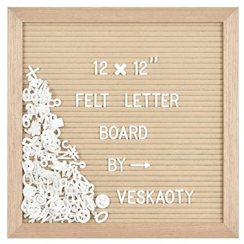 Felt Letter Board with 460 Letters, Numbers & Symbols - 12 x 12 inch Changeable Message Board with Wooden Frame Wall Mount Hook (Beige)