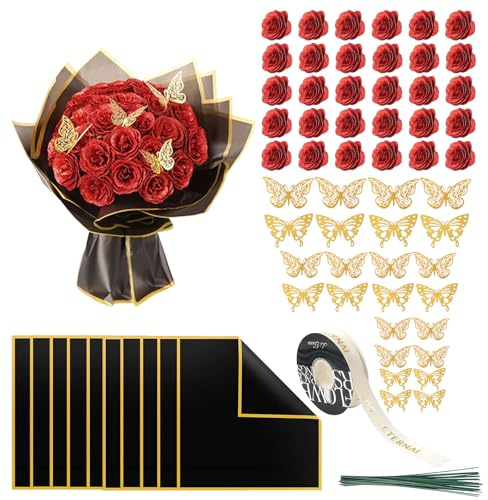 30 Fleurs Rose Rouge Bouquet Rose Eternelle avec Décoration Papillon et Ruban Bouquet de Roses comme de Vraies Fleurs Adaptées pour une Fête de Mariage DIY, la Saint-Valentin, la Fête des Mères​