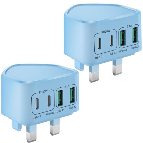 2-Pack USB C Plug, Multi USB Plug UK Fast Charger 40W 4-Port Fast Charging Plug Dual Type C PD Power Adapter + QC 3.0 Charge Plug for iPhone 17 16 15 14 13 12 11 Pro Max XR, iPad, Samsung