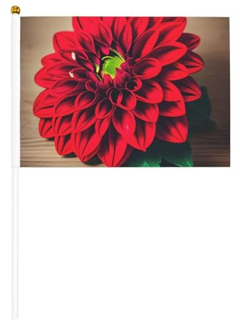 Planche en bois rétro fleur rouge dahlia agitant les drapeaux double face et mini drapeaux à bâton, adaptés pour la décoration de fête et les activités d'équipe