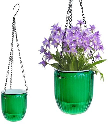 Mudoulu 2 Macetas Colgantes de Plástico Transparente Verde con Drenaje, Jardineras Resistentes para Plantas de Interior y Exterior con Cadenas Metálicas para Balcón y Jardín