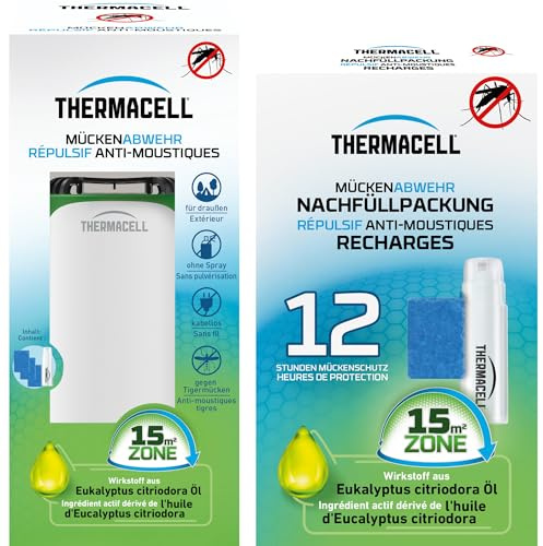 THERMACELL Diffuseur Anti Moustiques et Moustiques Tigres - 15m² - 24h | Répulsif - Sans Fil Nomade - Extérieur - Effet Rapide, Inodore - 2 Cartouches + 6 Plaquettes - Blanc - THNATBLANRECH12