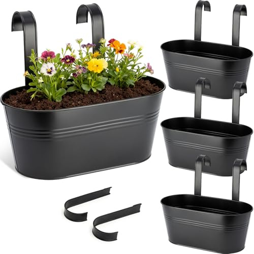 Bamworld Hanging Basket 12 Inch Metal Hanging Plant Pot with Detachable Hooks Outdoor Indoor Hanging Baskets for Garden Balcony Fence Railing Decor Plant Hanger Bucket 4 Pack Black