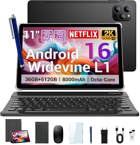DRIVNEXT Tablet 11 Pulgadas Android 16 Tableta Gaming Octa-Core T615,4G LTE y 5G WiFi,36GB RAM+ 512GB ROM,Widevine L1,8000 mAh,Cámara 16MP+8MP, GPS,Tablet con Teclado,Nero